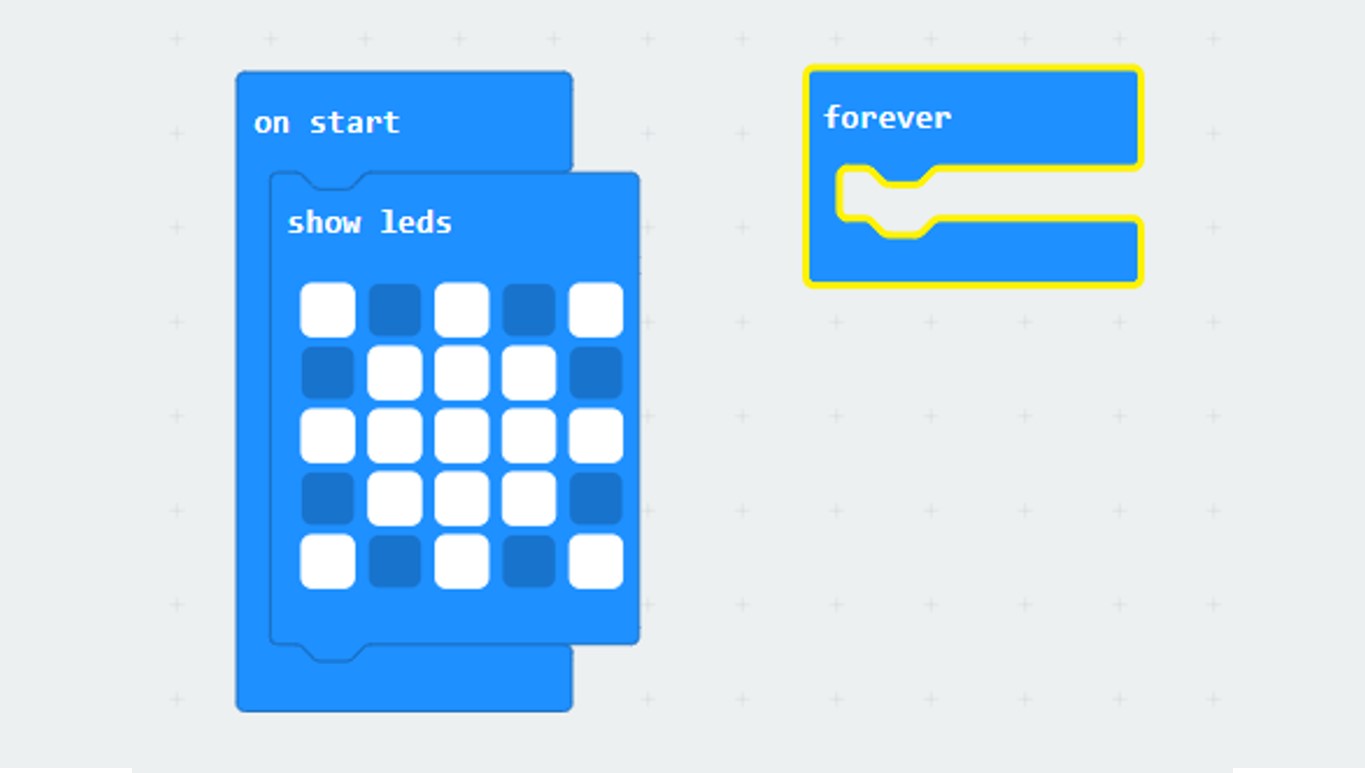 Inside the 'on start' block is a 'show leds' block with lights selected in the shape of a sun. The 'forever' block remains empty.