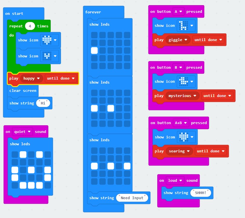 The image in the 'on start' block has been replaced with a 'repeat 4 times' block containing two different icons (large and small heart)
