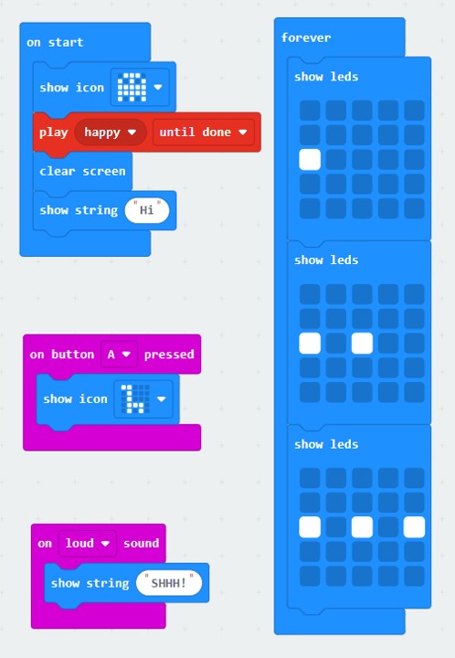 A 'clear screen' block has been added at the end of the 'on start' section along with a 'show string Hi' block below that.