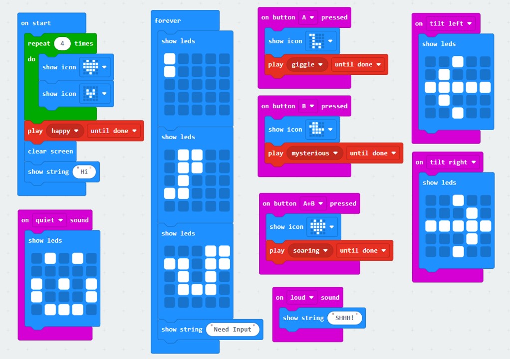 An 'on tilt left' and a 'on tilt right' sections have been added, each containing a 'show leds' block which shows an arrow pointing in the same direction as the tilt.