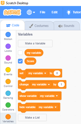 The Variables section of the Block Menu showing a tick next to a 'score' block indicating this is visible on the Stage