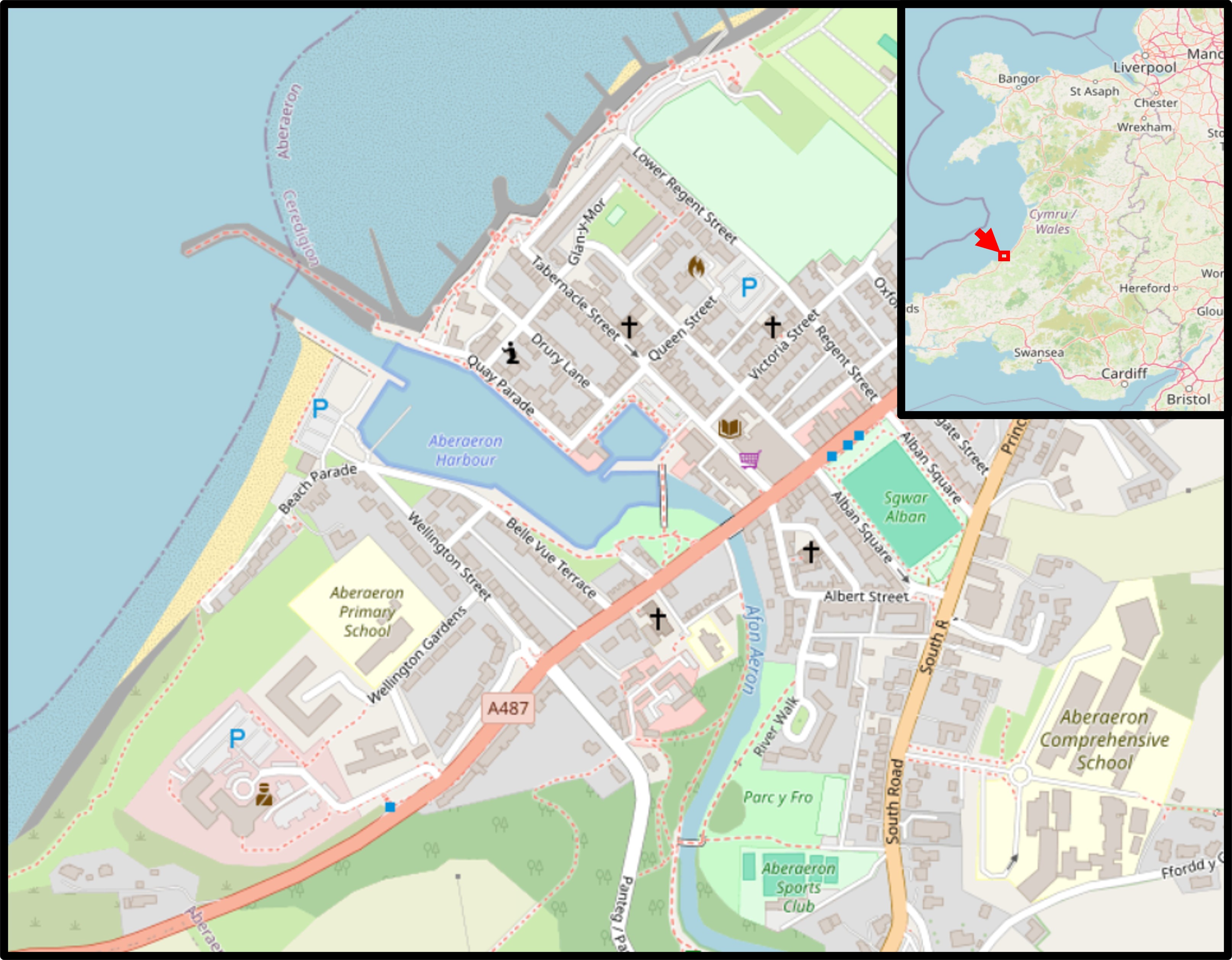 An OpenStreetMap showing Aberaeron and an inset of Wales with its location highlighted