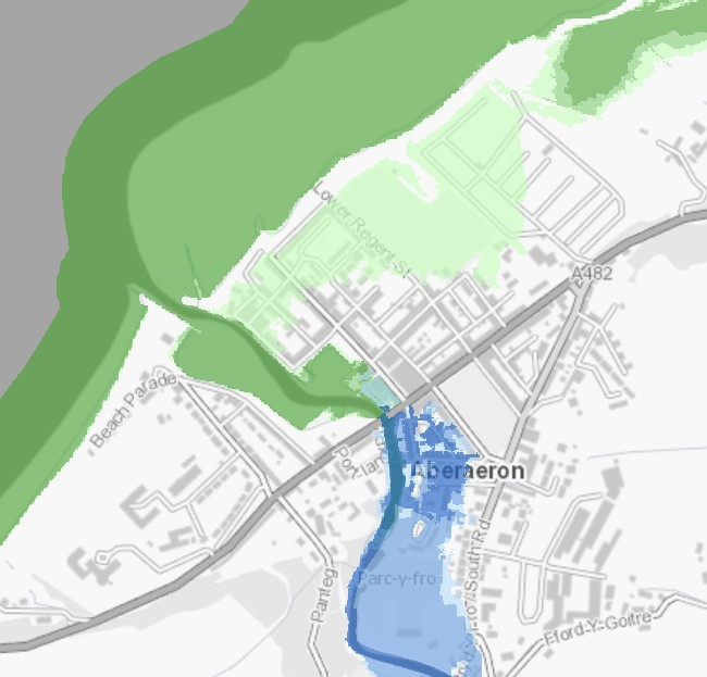 A map from Natural Resources Wales, using OS data, to show areas in Aberaeron at risk of sea and river flooding.