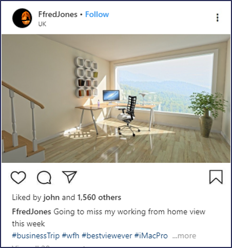 An Instagram post showing off the view inside and outside of a person's study with text about missing the view this week #businessTrip and #iMacPro