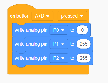 An 'on button A+B pressed' loop with a 'write analog to 0' block for pin 0 and two 'write analog to 255' blocks for pins 1 and 2.