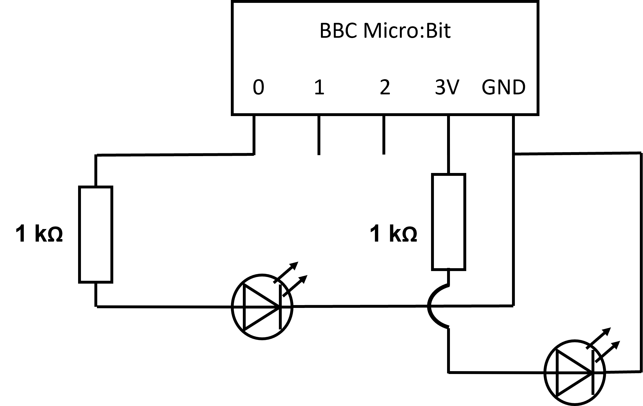 The same circuit with the addition of another LED and reistor connected to Pin 0 and GND