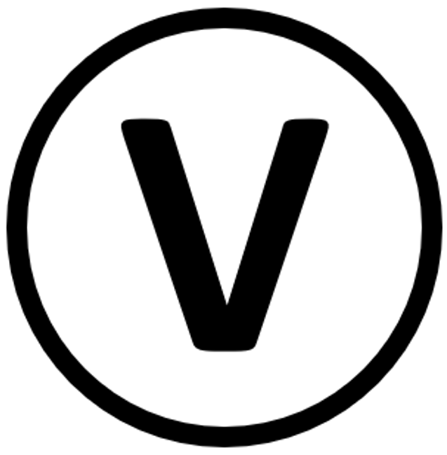 A circle with a large capital V inside