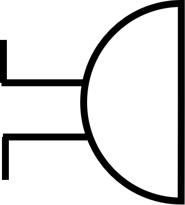The left half of a circle, with two horizontal lines connected to the left equidistance from the centre. At the end of these lines, there are smaller lines drawn at right-angles in opposite directions. The top line turning upwards, the bottom line downwards.