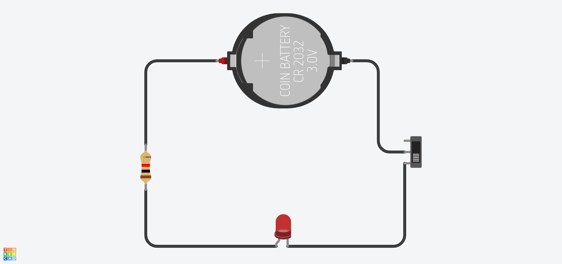 Cylched gyfres Tinkercad sy'n cynnwys batri 3V, 1kΩ, LED a switsh ar gau.