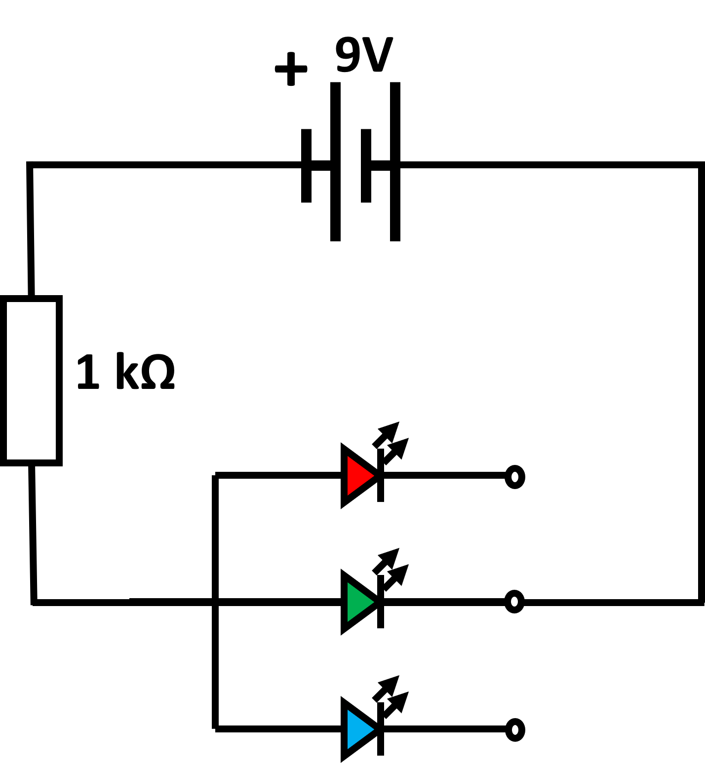 Diagram cylched sy'n dangos cylched cyfres gyda batri 9V, gwrthydd 1kΩ ac LED RGB wedi'i wifro i'r cathod a'r derfynell werdd.