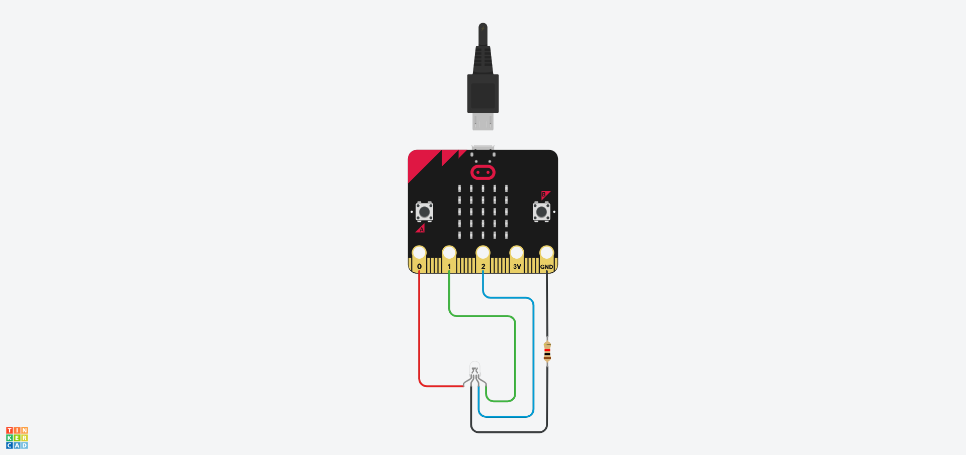 Cylched Tinkercad gyda Micro:Bit, RGB LED, a gwrthydd. Mae'r pin coch ar yr LED wedi'i gysylltu â phin 0 ar y Micro:Bit. Y gwyrdd i bin 1 a'r glas i bin 2. Mae cathod yr LED wedi'i gysylltu â gwrthydd sydd wedyn yn cysylltu â phin GND y Micro:Bit.