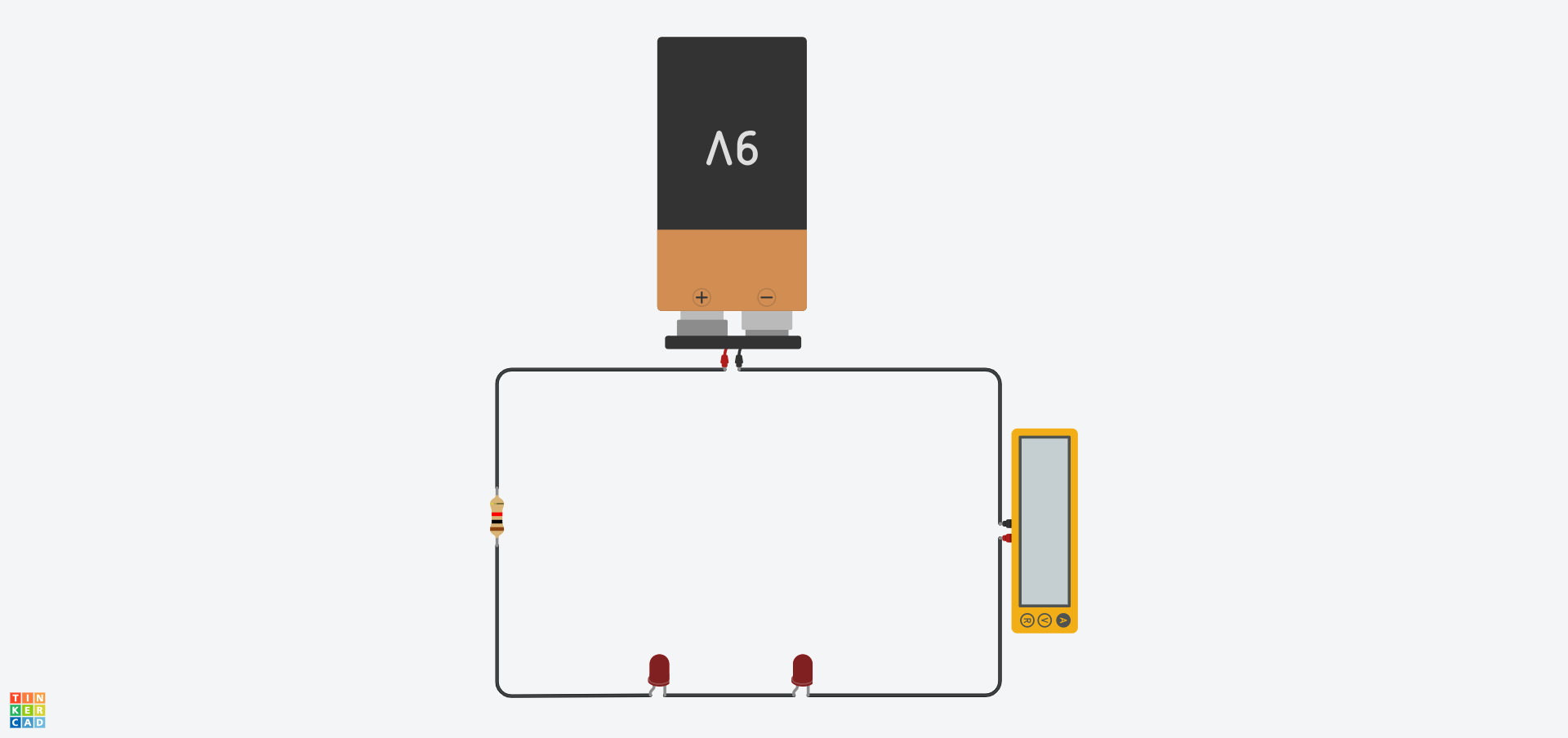 Cylched Tinkercad sy'n cynnwys batri 9V, gwrthydd 1kΩ, dau LED ac Amedr mewn un ddolen (cylched gyfres).