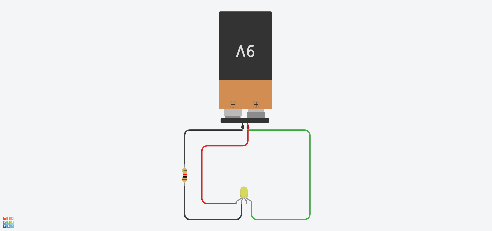 Cylched Tinkercad sy'n dangos cylched gyda batri 9V, gwrthydd 1kΩ ac LED RGB gyda'r cathod wedi'i gysylltu â therfynell negyddol y batri gyda gwrthydd, tra bod y terfynellau coch a gwyrdd wedi'u cysylltu â therfynell bositif y batri.