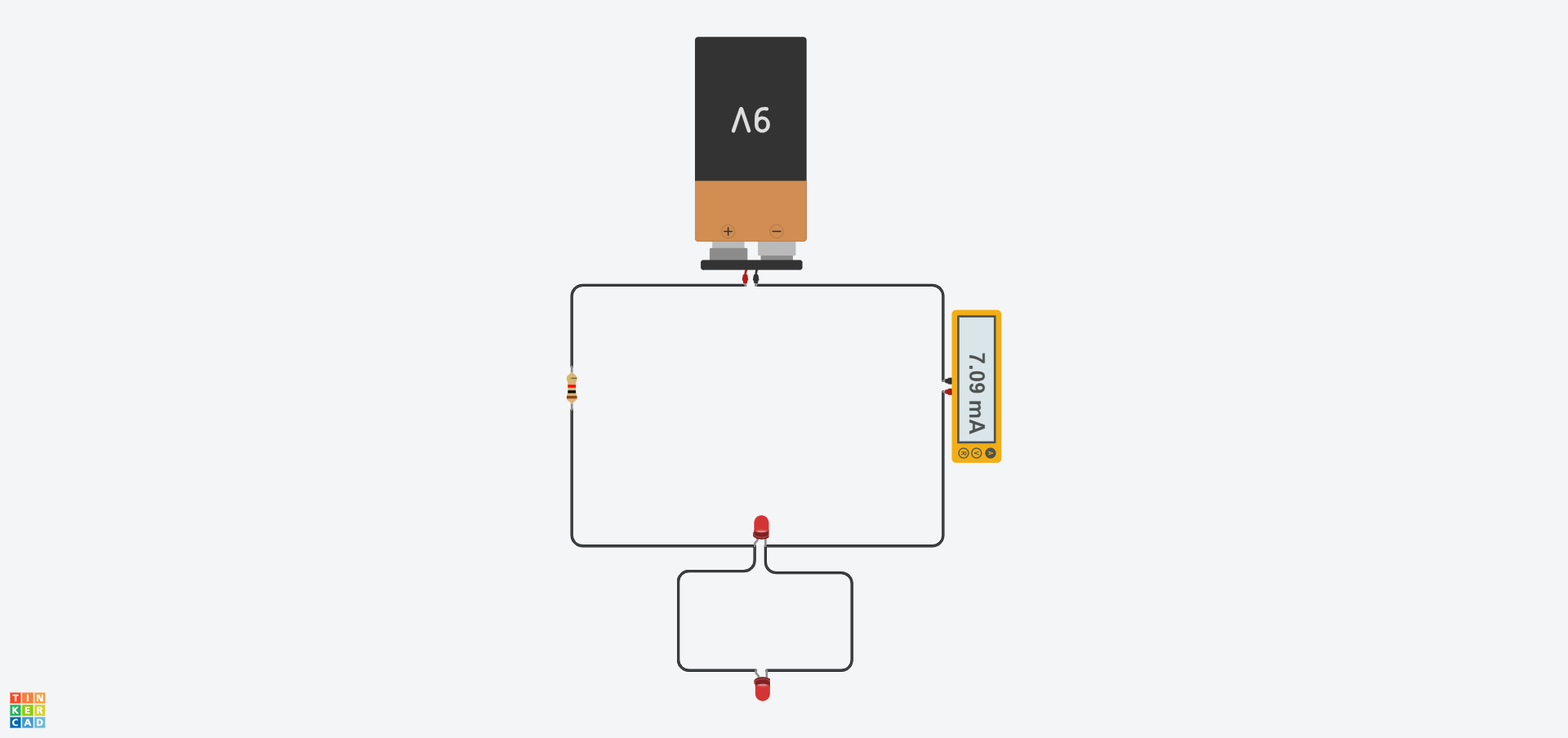 Diagram cylched Tinkercad sy'n cynnwys batri 9V, gwrthydd (1kΩ), Amedr ac LED mewn cyfres, gydag ail LED wedi'i gysylltu yn baralel â'r cyntaf.