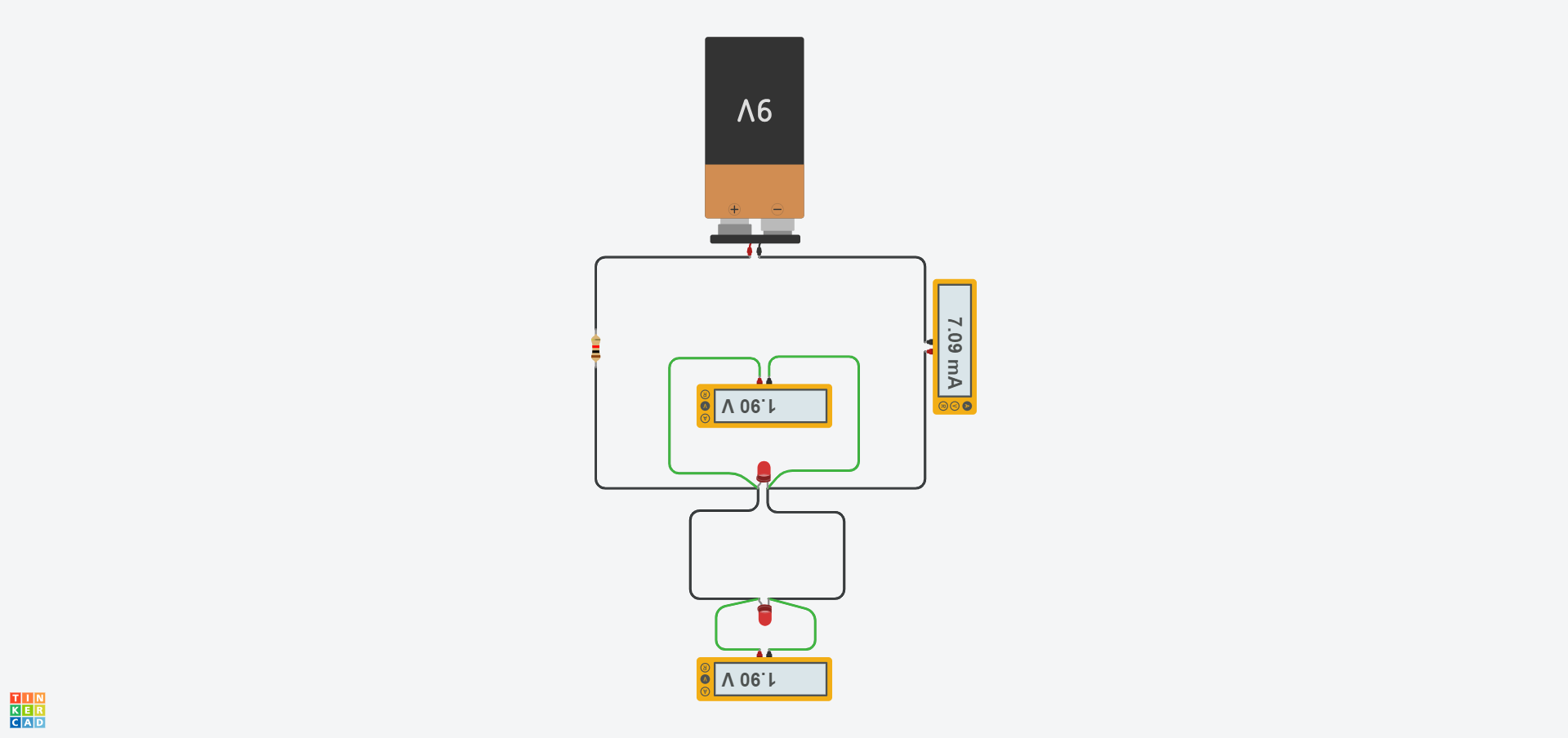 Diagram cylched Tinkercad sy'n cynnwys batri 9V, gwrthydd (1kΩ), Amedr a bwlb LED mewn cyfres, gydag ail fwlb LED wedi'i gysylltu yn baralel â'r cyntaf. Yna mae Foltmedr wedi'i gysylltu ochr yn ochr â phob LED.