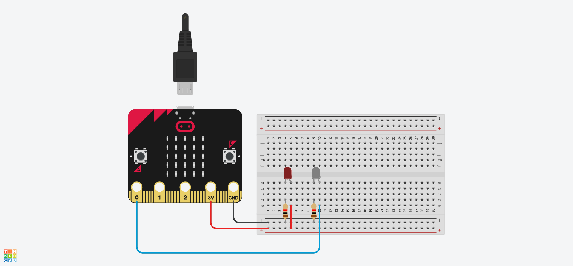 Mae'r gylched Tinkercad nawr yn dangos LED gwyn wedi'i osod yn nhyllau e9 ac e10 y bwrdd bara. Mae gwifren yn cysylltu pin 0 y Micro:Bit i dwll a10. Mae gwrthydd yn pontio'r rheilen negatif a thwll b9.