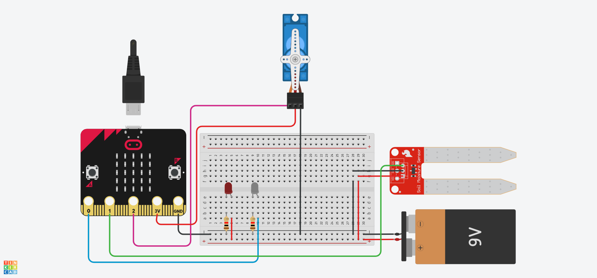 Mae'r gylched Tinkercad bellach yn cynnwys servo oddi ar y bwrdd bara. Mae'r derfynell reoli yn cael ei gwifro'n uniongyrchol i bin 2, mae'r derfynell bositif yn cael ei gwifro'n uniongyrchol i'r pin 3V ac mae'r derfynell negatif yn cael ei gwifro i reilen negatif y bwrdd bara.