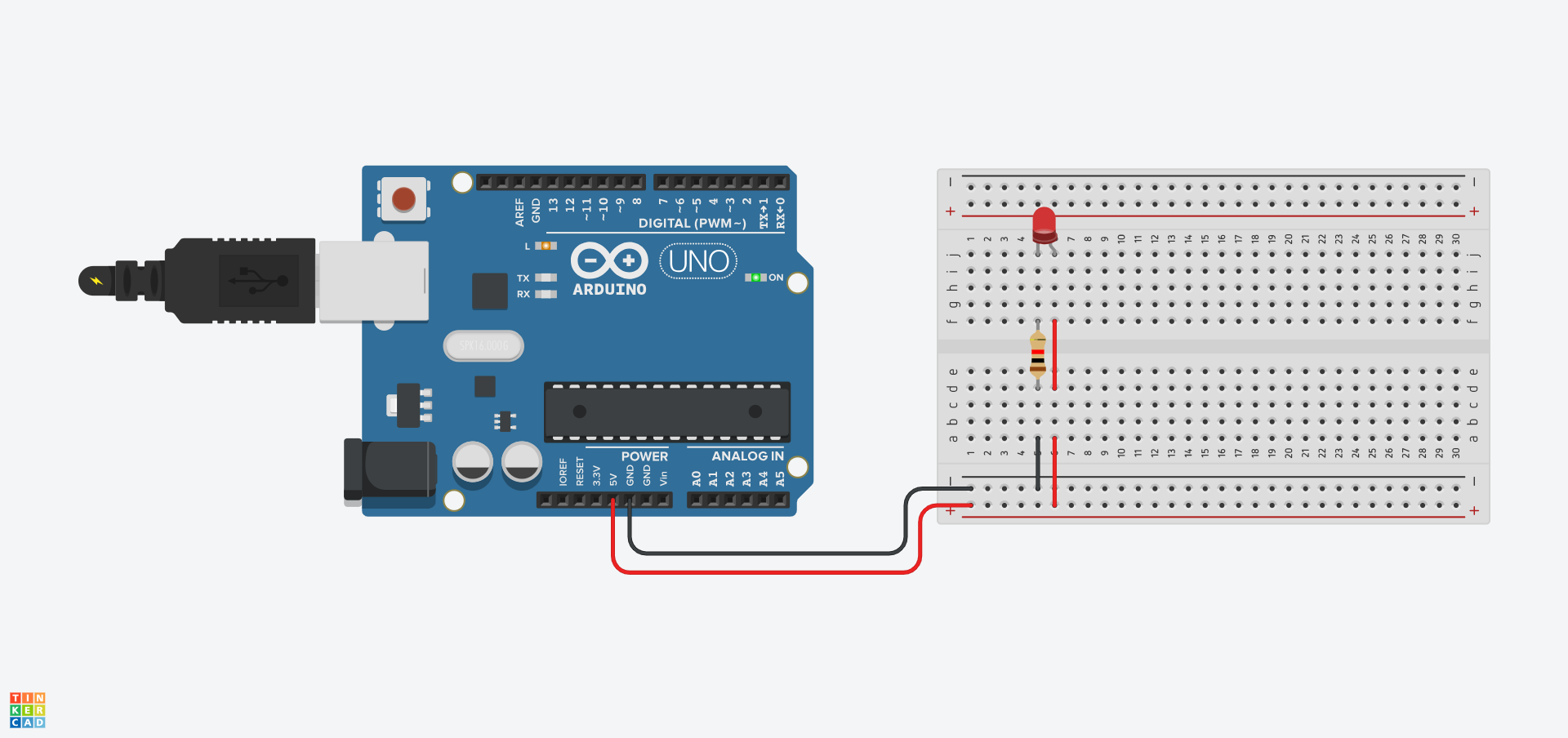 Fersiwn Tinkercad o'r gylched hon yn dangos y bwlb LED wedi'i oleuo yn yr efelychydd.