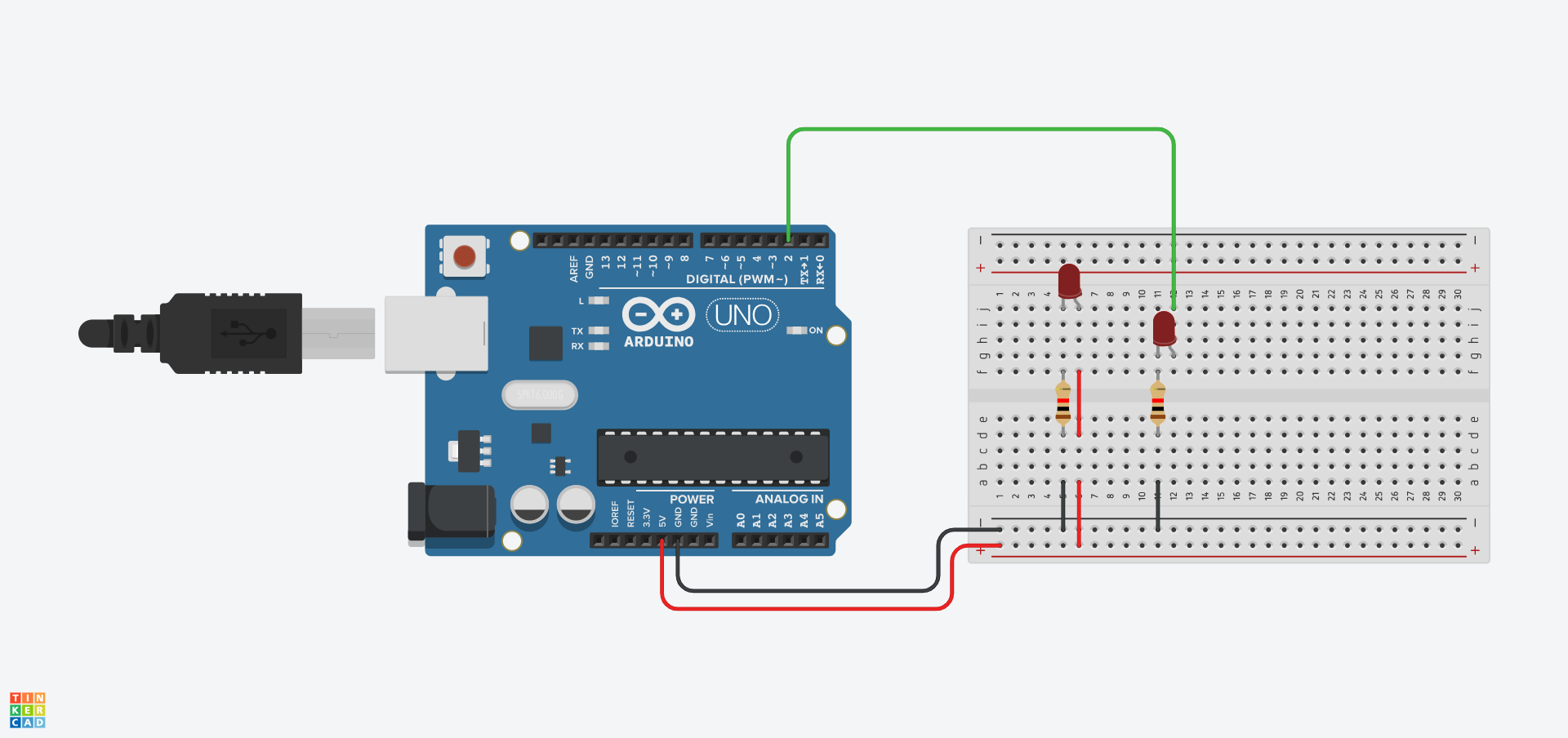 Fersiwn Tinkercad o'r gylched yn defnyddio bwrdd bara.