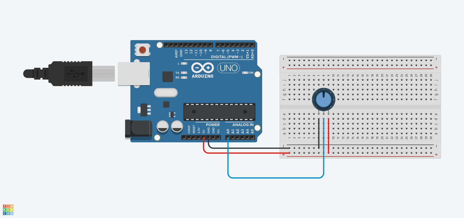 Cylched Tinkercad gydag Arduino yn darparu 5V i reilen bositif y bwrdd bara ac yn cysylltu'r rheilen negatif i un o'r pinnau GND. Mae potensiomedr yn cael ei osod yn nhyllau e7, e8, ac e9 y bwrdd. Mae d7 wedi'i gysylltu i'r rheilen negatif, d8 i bin A0 ar yr Arduino, d9 i reilen bositif y bwrdd bara.