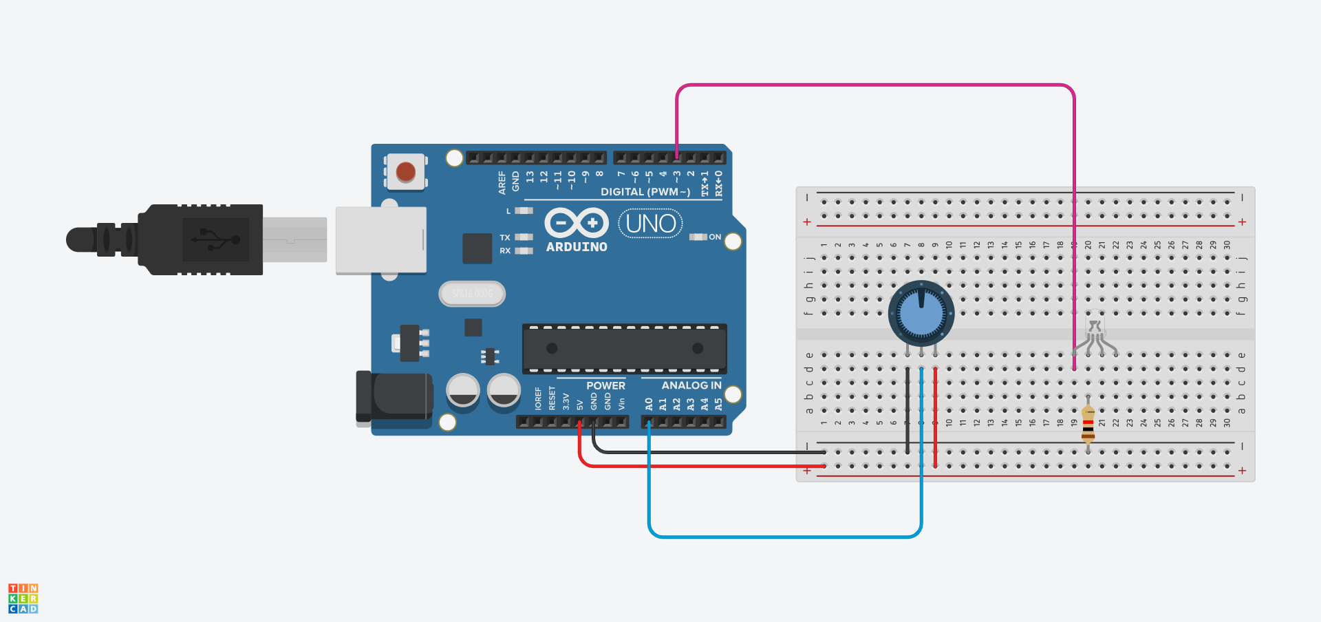 Mae bwlb LED CGG wedi'i ychwanegu at gylched Tinkercad, wedi'i osod yn nhyllau e19, e20, e21, ac e22. Mae twll d19 wedi'i gysylltu i bin 3 yr Arduino. Mae gwrthydd yn cysylltu b20 i reilen negatif y bwrdd bara.