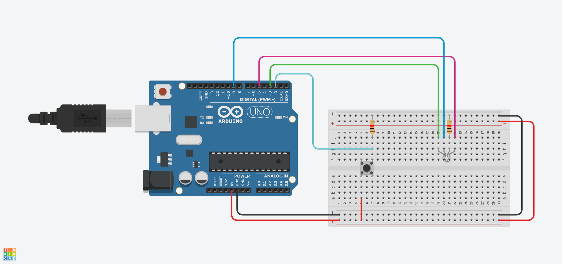Mae pinnau 5V a GND yr Arduino wedi'u cysylltu i reiliau isaf bwrdd bara. Mae gwifrau'n cysylltu'r rheiliau isaf i'r rheiliau uchaf. Caiff y botwm ei osod yn y bwrdd bara yn f5, f7, e5, ac e7. Mae'r LED CGG yn cael ei osod (wyneb i waered) yn h19, h20, h21 a h22. Mae un gwrthydd yn cysylltu j7 i'r rheilen negatif uchaf, tra bod y llall yn cysylltu j21 i'r un rheilen. Mae gwifrau'n cysylltu: a5 i reilen isaf bositif, h7 i bin 2, j19 i bin 3, j20 i bin 9, a j22 i bin 5.