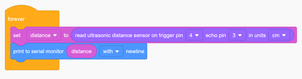 Mae blociau'r rhaglen yn darllen fel a ganlyn: forever, set distance to read ultrasonic distance sensor on trigger pin 4 echo pin 3 in units cm, print to serial monitor distance with newline.