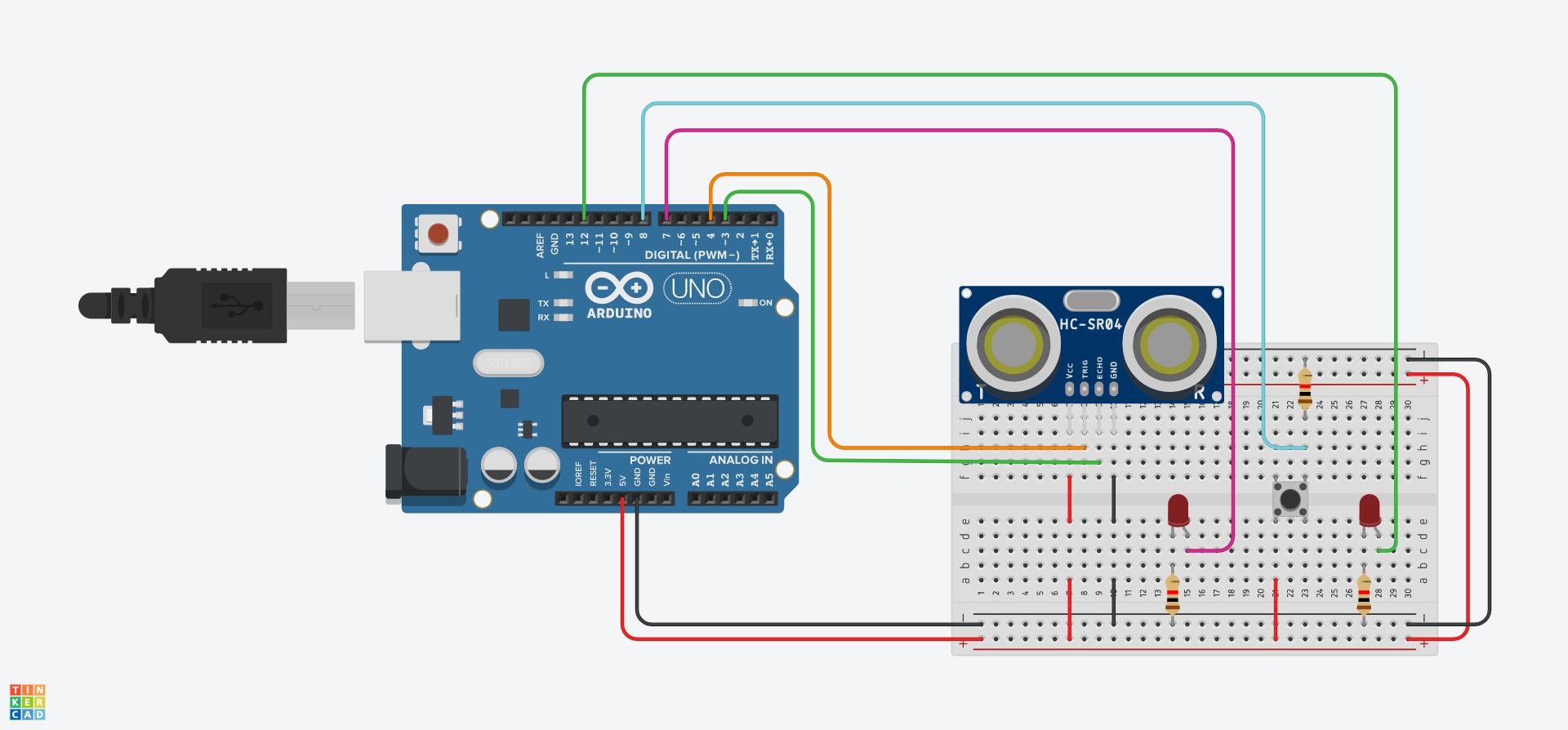Mae LED coch arall wedi'i ychwanegu at y bwrdd bara gyda gwrthydd yn ei gysylltu ar draws i'r rheilen negatif isaf a gwifren yn ei gysylltu i bin 12 yr Arduino.