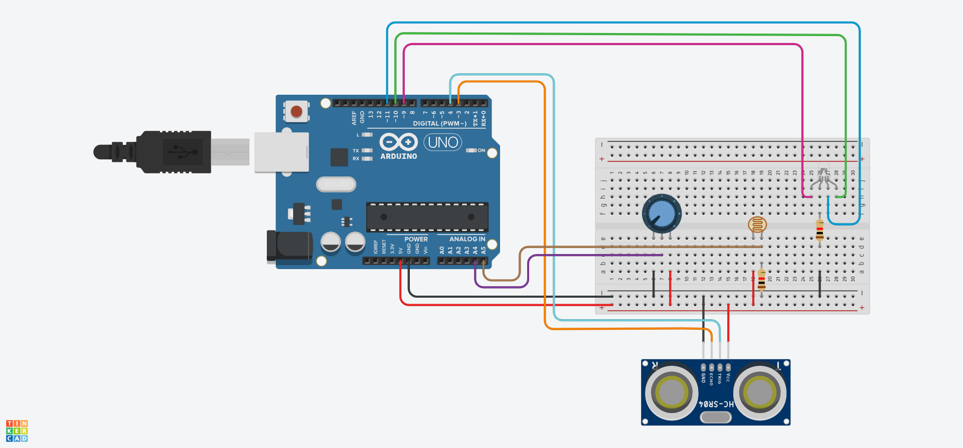 Cylched Tinkercad gyda rheiliau isaf bwrdd bara wedi eu cysylltu i Arduino. Mae LDR (e18 ac e19), potensiomedr (e6, e7, ac e8) ac LED CGG (i25, i26, i27, ac i28) wedi eu gosod yn y bwrdd bara. Mae synhwyrydd uwchsain wedi'i gysylltu oddi ar y bwrdd bara. Mae'r potensiomedr wedi'i gysylltu i bin A4 a'r LDR i bin A5. Mae terfynell goch yr LED CGG wedi'i chysylltu i bin 9, y glas i bin 11, a'r gwyrdd i bin 10. Mae sbardun y synhwyrydd uwchsain wedi'i gysylltu i bin 4, gyda'r eco wedi'i gysylltu i bin 3. Mae gan yr LDR a'r LED CGG wrthydd sy'n eu cysylltu i'r rheilen negatif.