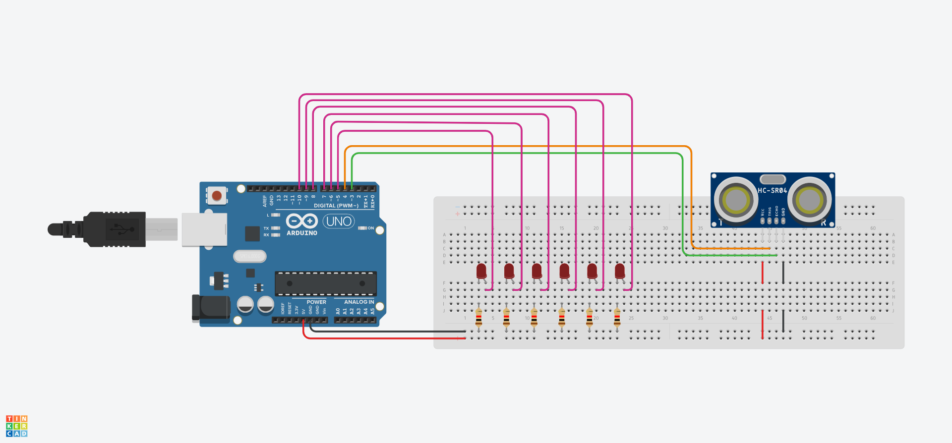 Cylched Tinkercad sy'n dangos bwrdd bara gyda'r rheiliau isaf wedi'u pweru gan Arduino. Mae 6 bwlb LED coch wedi'u gosod yn y bwrdd bara, pob un â'i wrthydd ei hun yn pontio i'r rheilen negatif. Mae'r bylbiau LED hefyd wedi'u cysylltu i wahanol binnau ar yr Arduino (5, 6, 7, 8, 9, a 10). Mae synhwyrydd uwchsain hefyd yn cael ei osod yn y bwrdd bara, y pin pŵer wedi'i gysylltu i'r rheilen bositif, y sbardun wedi'i gysylltu i bin 4, yr eco i bin 3, a'r ddaear i'r rheilen negatif.