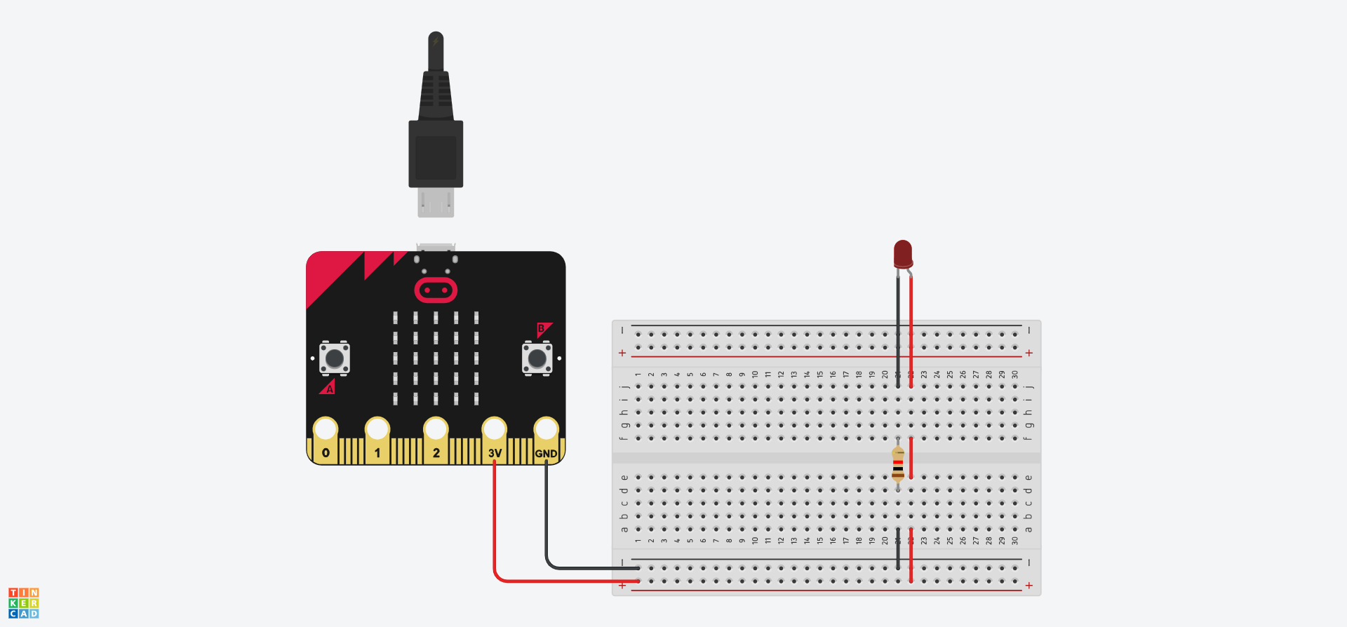 Cylched Tinkercad yn dangos Micro:Bit wedi'i gysylltu â bwrdd bara i ddarparu pŵer. Y tro hwn nid yw'r LED coch yn cael ei osod yn y bwrdd bara ond uwch ei ben. Mae gwifrau'n cysylltu'r rheilen negatif i a21, J21 i'r LED, j22 i'r LED, f22 i E22, ac a22 i'r rheilen bositif. Yna caiff gwrthydd ei osod yn nhyllau d21 ac f21.