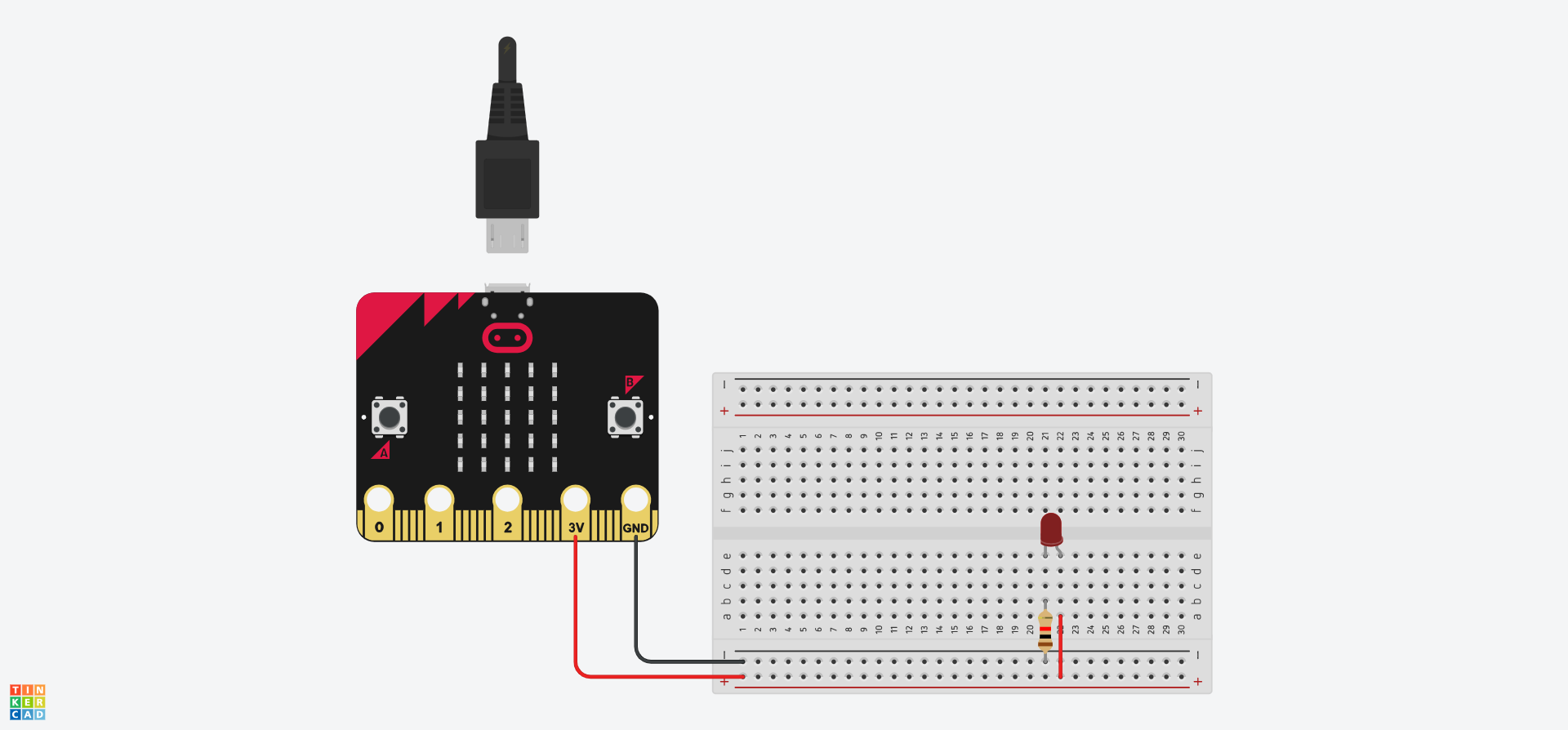 Cylched Tinkercad yn dangos Micro:Bit wedi'i gysylltu i fwrdd bara i ddarparu pŵer. Caiff LED coch ei osod yn e21 ac e22 gyda gwrthydd sy'n cysylltu'r rheilen negatif i b21 a gwifren sy'n cysylltu'r rheilen bositif i a22.