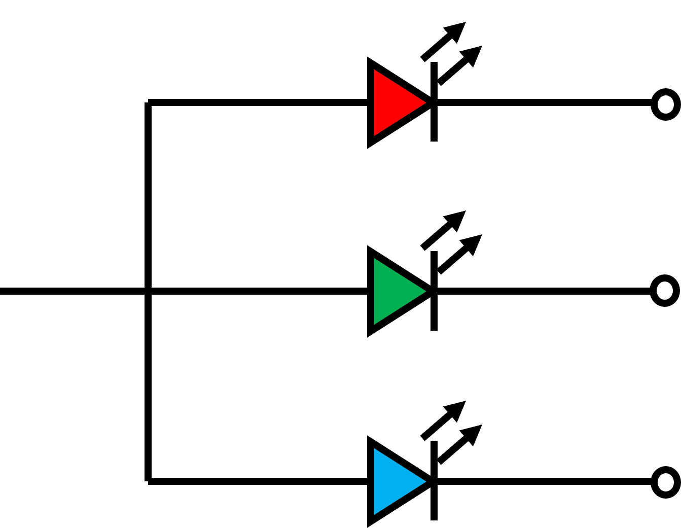 Gwifren sy'n ymrannu yn dri darn, pob un gyda symbol LED (heb y cylch) cyn gorffen gyda chylch bach.