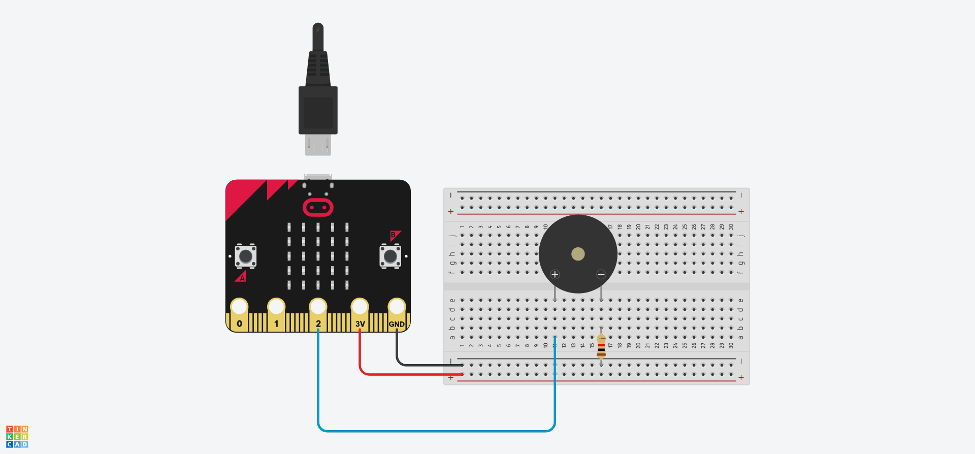 A Tinkercad circuit containing the same components but wired onto a breadboard. The Micro:Bit has wires connecting the GND pin to the negative rail, the 3V pin to the positive rail, and pin 2 to hole a11 on the breadboard. The Piezo buzzer is then inserted in holes e11 and e16 of the board, whilst the resistor bridges between the negative rail and hole b16.