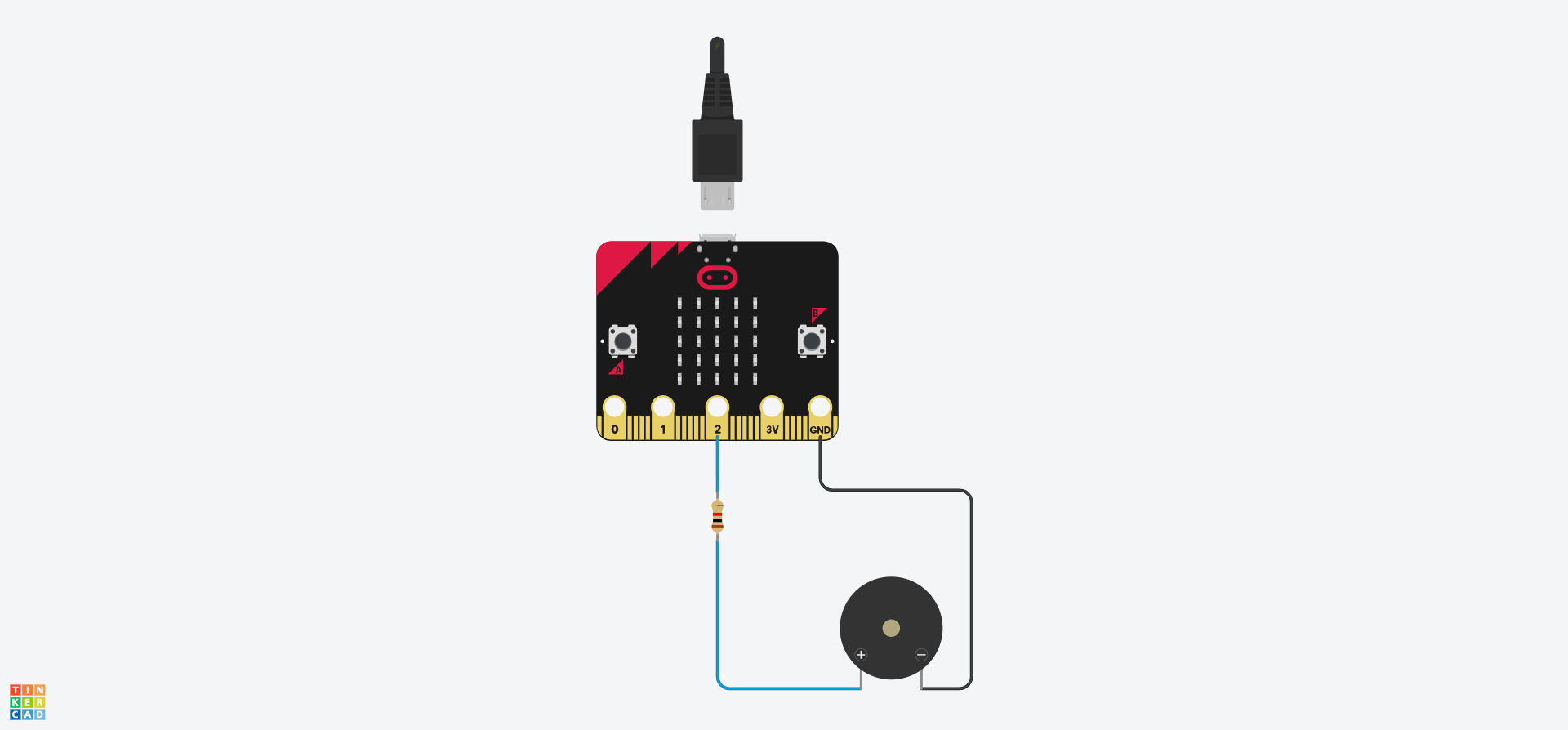 A Tinkercad circuit containing a Micro:Bit, Piezo buzzer, and a resistor. Wires connect the GND pin of the Micro:Bit to one pin of the buzzer, and pin 2 to the other buzzer pin via a resistor.