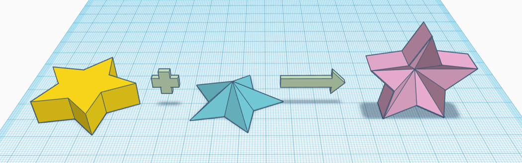 A yellow 5 sided star prism and a blue embossed 5 pointed star to create a mauve five pointed star prism with the embossed star alligned and cut out of the surface