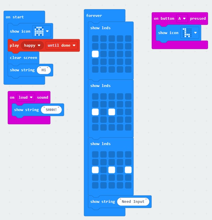 Added a 'show string' block with the message 'Need Input' to the bottom of the 'forever' block.