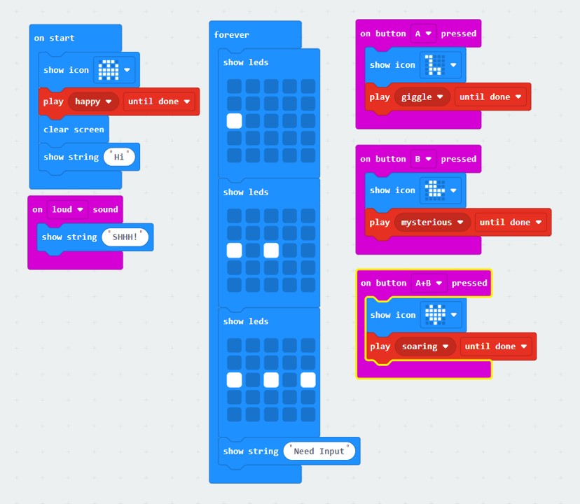Different 'play sound until done' blocks have been added to each of the button pressed sections.