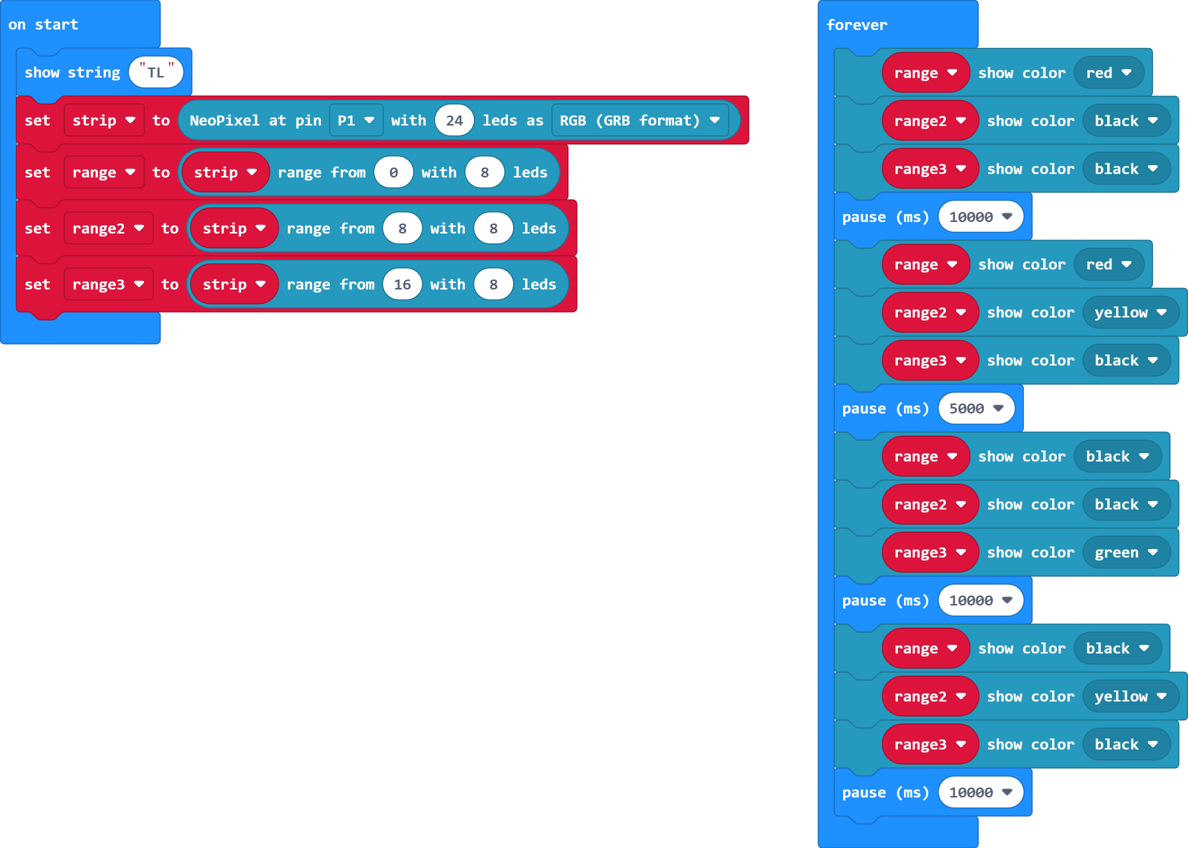 The forever loop's contents have been changed to read; 'range show color red', 'range2 show color black', 'range3 show color black', 'pause (ms) 10000', 'range show color red', 'range2 show color yellow', 'range3 show color black', 'pause (ms) 5000', 'range show color black', 'range2 show color black', 'range3 show color green', 'pause (ms) 10000', 'range show color black', 'range2 show color yellow', 'range3 show color black', 'pause (ms) 5000', 