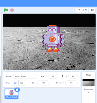 The stage with a moonscape background behind the robot sprite