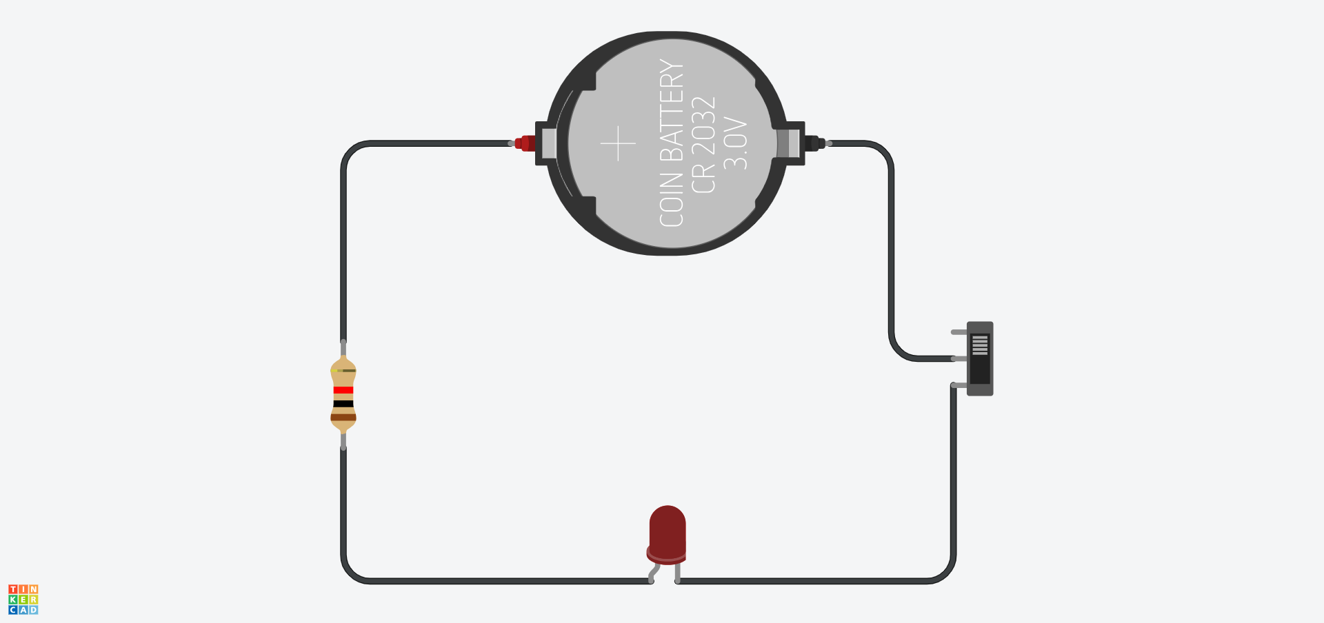 Cylched gyfres Tinkercad sy'n cynnwys batri 3V, 1kΩ, LED a switsh ar agor.