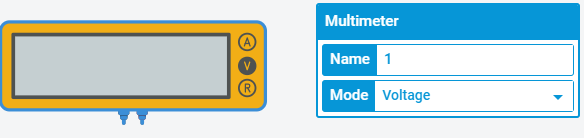 Dewislen Amlfesurydd TinkerCad a dewislen y gosodiadau yn dangos y modd 'Voltage'.