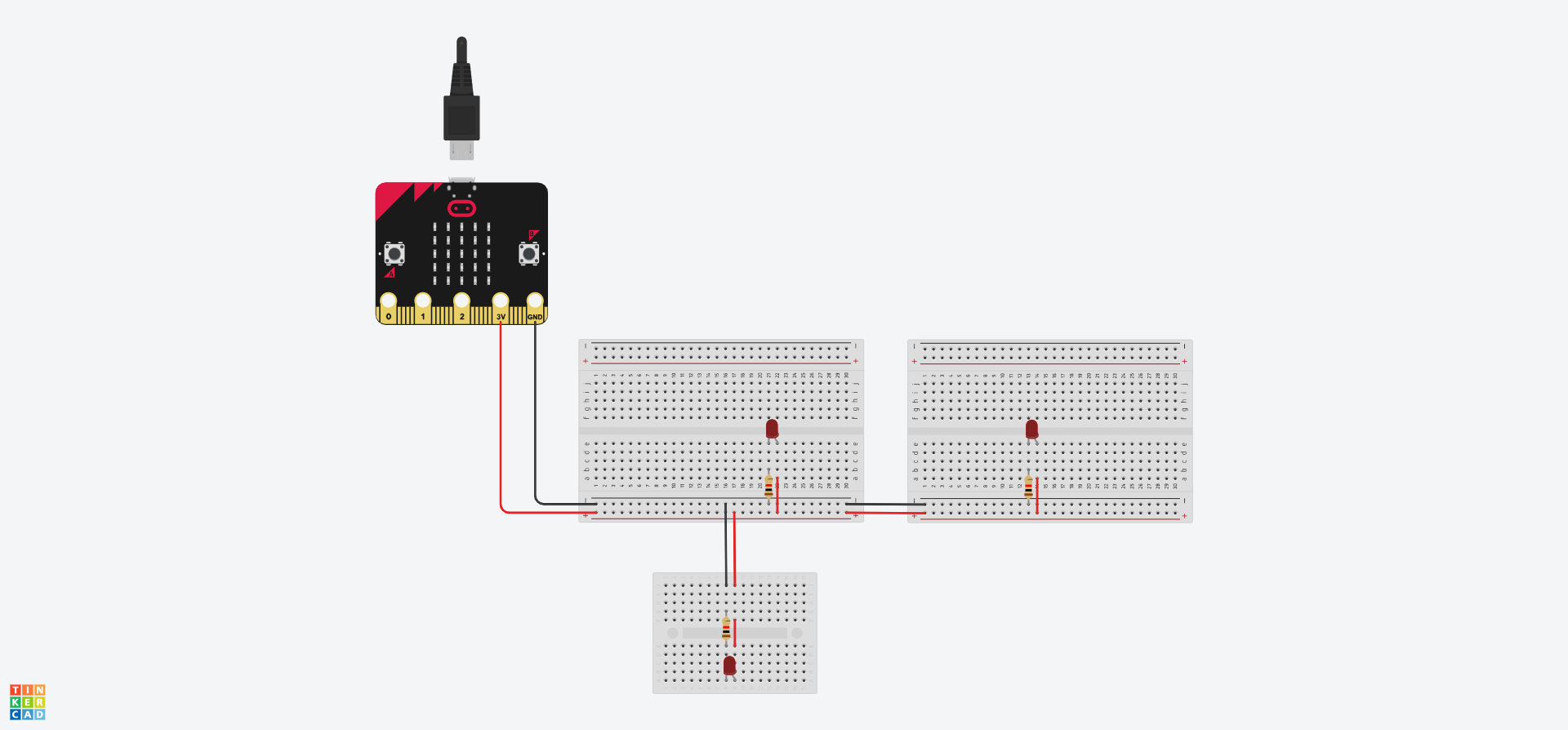 Cylched Tinkercad sy'n dangos BBC Micro:Bit wedi'i gysylltu â bwrdd bara sydd wedi'i gysylltu â bwrdd bara arall a bwrdd bara mini. Mae gan bob bwrdd LED coch a gwrthydd cysylltiedig yn sownd ynddo.