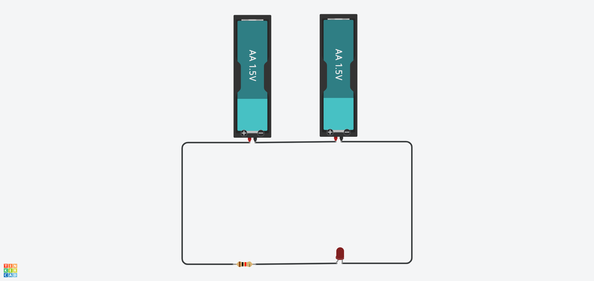 Cylched Tinkercad sy'n cynnwys dau fatri 1.5V, gwrthydd 1kΩ, a golau LED.