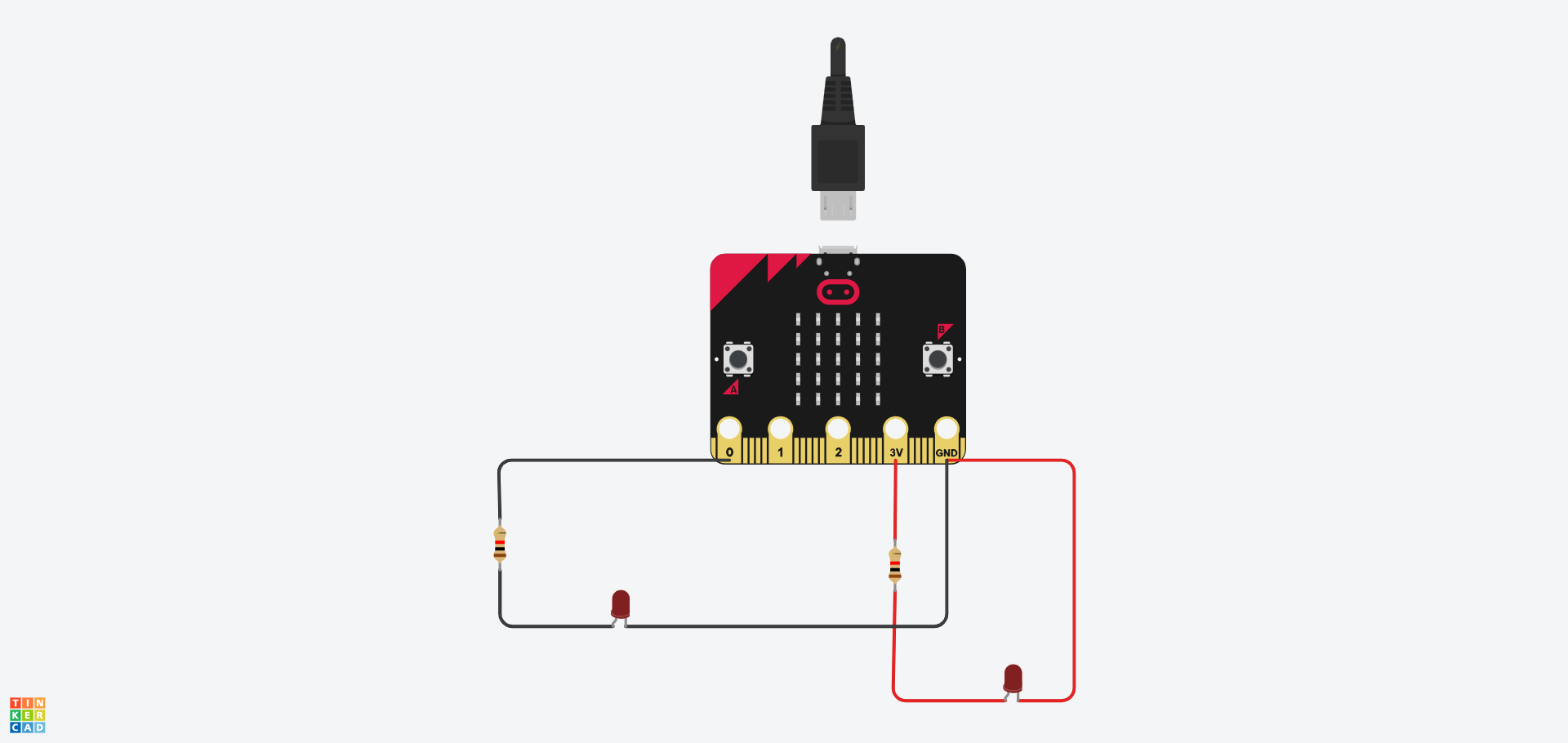 Cylched Tinkercad yn dangos Micro:Bit gyda dwy ddolen. Mae'r ddwy ddolen yn cynnwys gwrthydd 1kΩ ac LED. Mae un ddolen yn cysylltu â phin 0 a'r pin GND ar y Micro:Bit, y llall i'r pin 3V a GND.