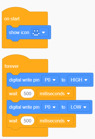 The 'forever' loop contains a 'digital write pin P0 to HIGH' block followed by a 'wait 500 milliseconds', 'digital write pin P0 to LOW', and another 'wait 500 milliseconds' block.