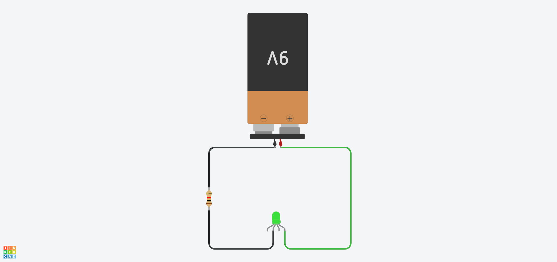 Diagram Tinkercad yn dangos cylched cyfres gyda batri 9V, gwrthydd 1kΩ ac LED RGB wedi'i wifro i'r cathod a'r derfynell werdd.