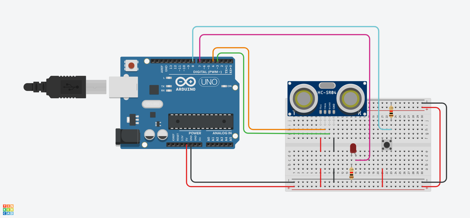 Mae LED coch wedi'i ychwanegu at y bwrdd bara gyda gwrthydd yn ei gysylltu i'r rheilen negatif a gwifren yn ei gysylltu i bin 7 yr Arduino. Mae botwm gwthio hefyd wedi'i ychwanegu ac mae gwrthydd yn ei gysylltu i'r rheilen negatif uchaf, gwifren i'r positif isaf, a gwifren arall i bin 8 ar yr Arduino.