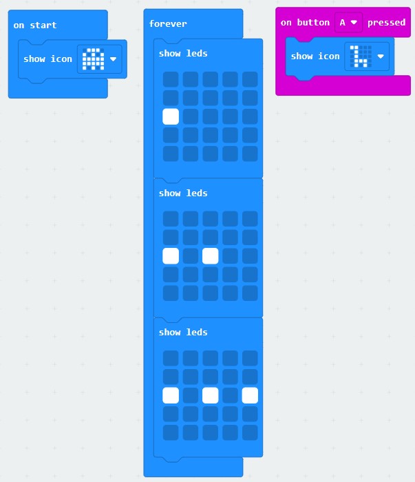 There is now a pink/purple 'when button A pressed' block in the program containing a 'show icon' block with a giraffe image selected.