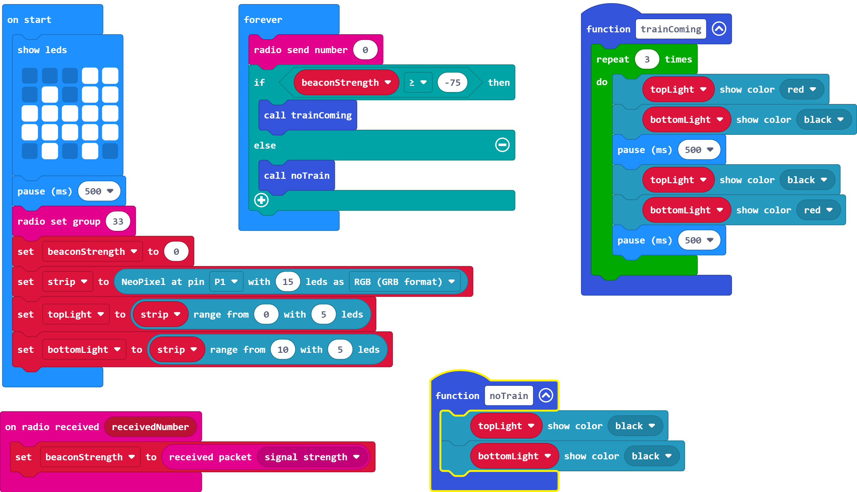The function for when a train is not approaching now holds two blocks: 'topLight show color black' and 'bottomLight show color black'.